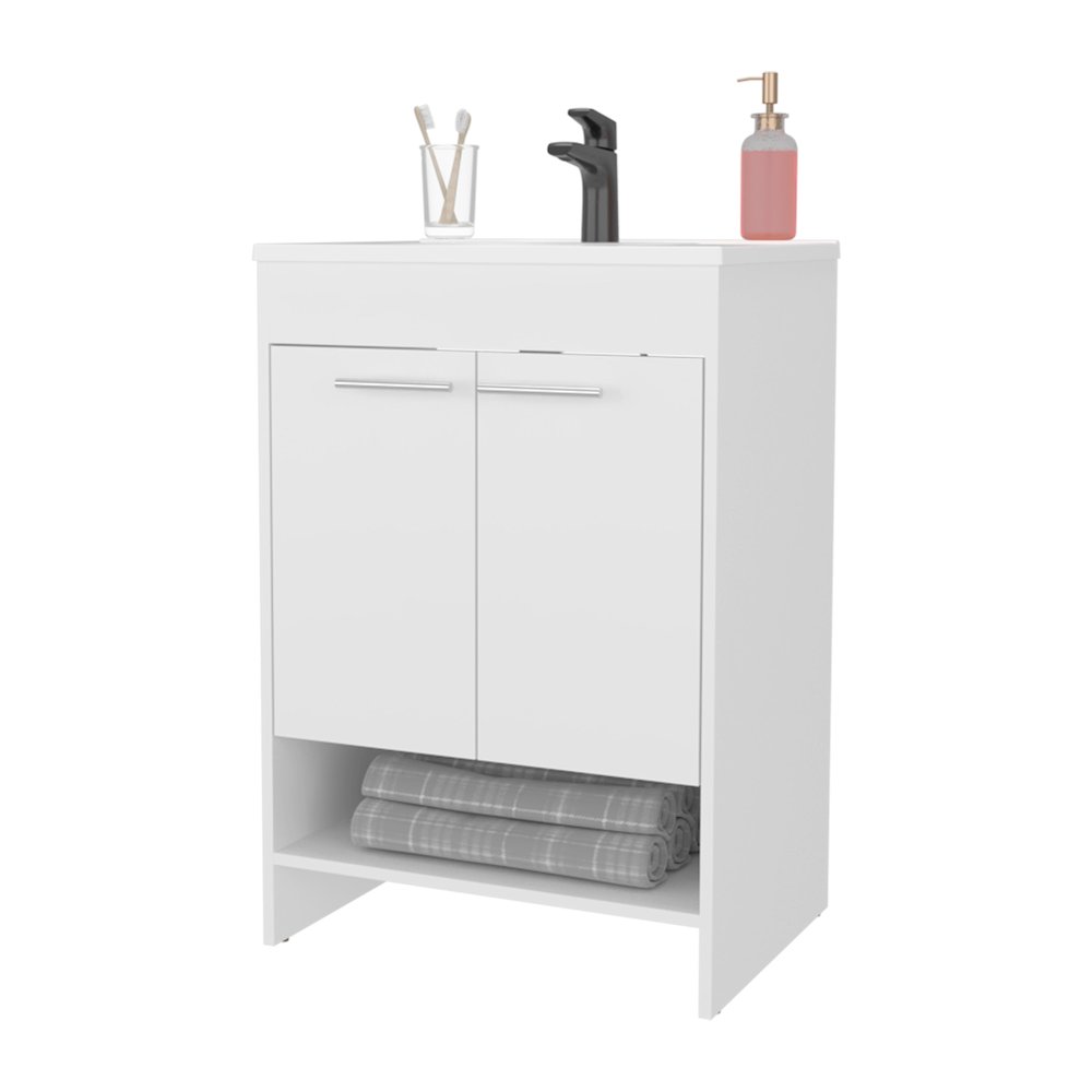 Shell Bathroom Vanity  with  2 Doors and Open Storage, White. Picture 5