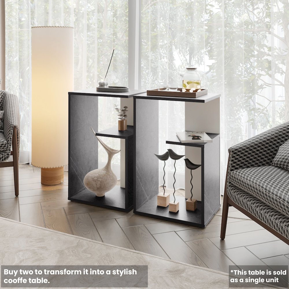 Vega Side Table in melamine with open storage,Onix and White. Picture 4