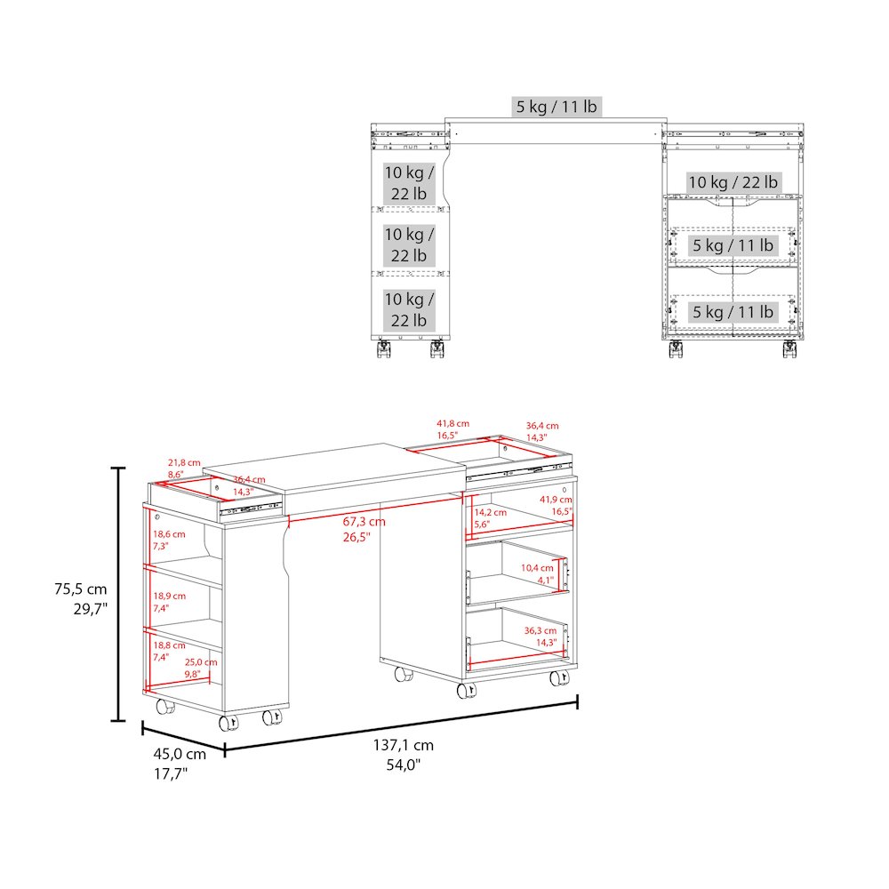 Loris Extendable Desk with Two Drawers, Open Shelves, and Sliding Mechanism. Picture 8