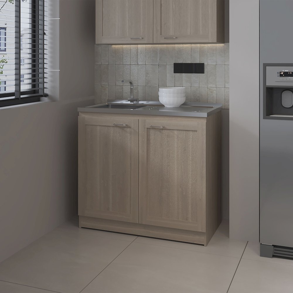 Utility Sink Base Cabinet with Double Doors and Interior Shelf, White Oak. Picture 4