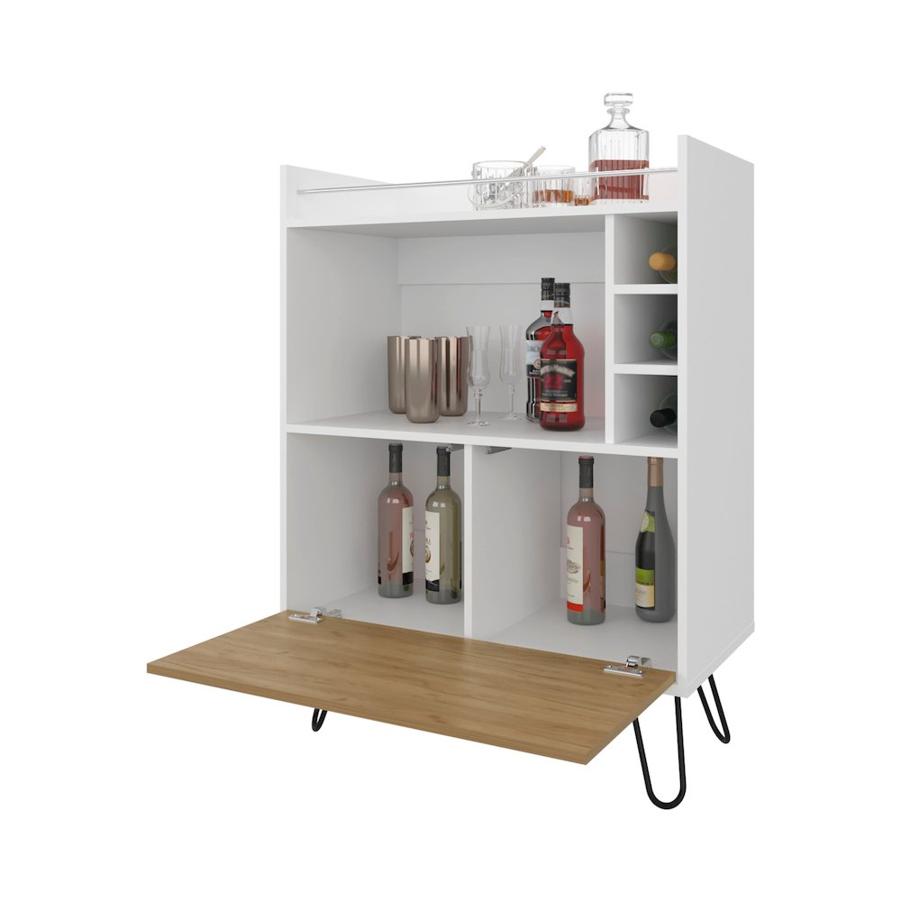 Otho Bar Cabinet with Drop-Down Door, Wine Storage, Open Shelves, Hairpin Legs. Picture 5
