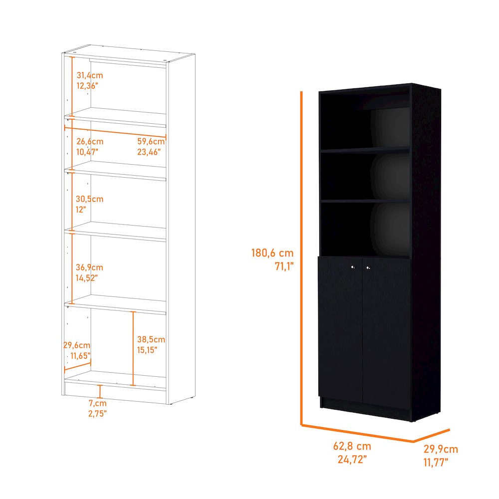 Sutton 2-Door Bookcase, Storage with Multi-Level Shelves, Wenge. Picture 2