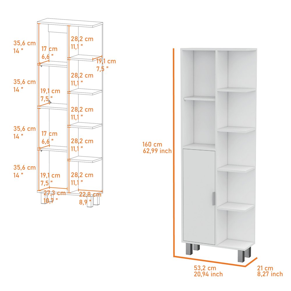 Quimby Linen Cabinet, with 1 door and 9 shelves, White. Picture 2