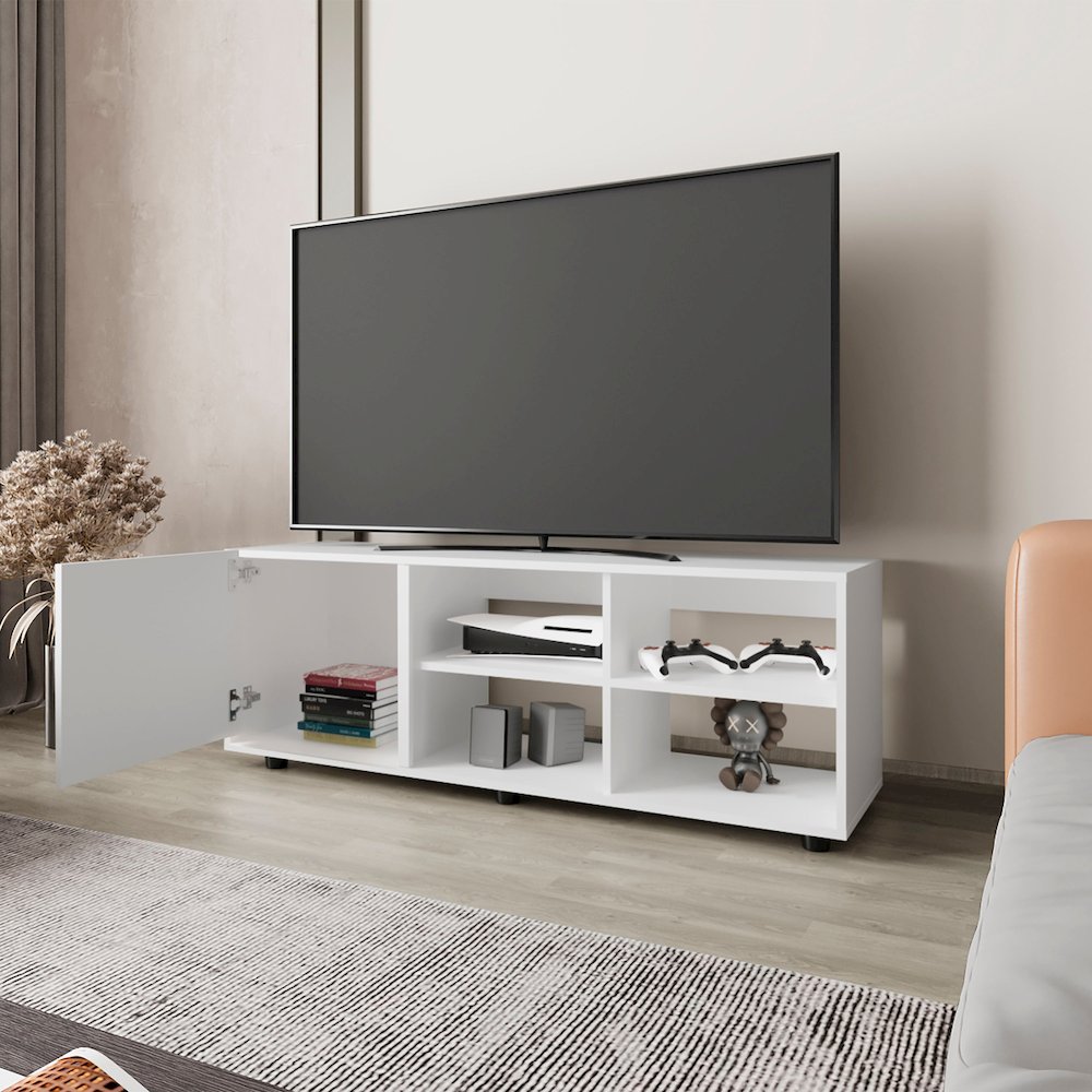 Parker TV Stand with a Door and Open Storage, White. Picture 3