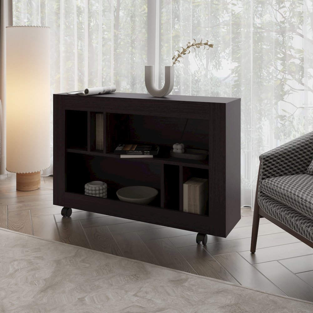 Cowlic Console Table in Melamine with Open Storage, Wengue. Picture 4