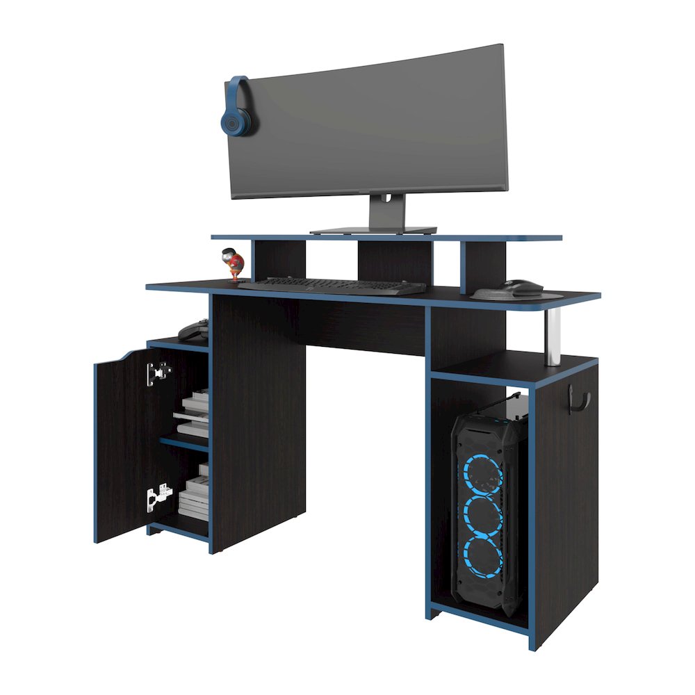 Lol Minimalist Gaming Desk with Elevated Monitor Shelf, Blue Accents. Picture 5