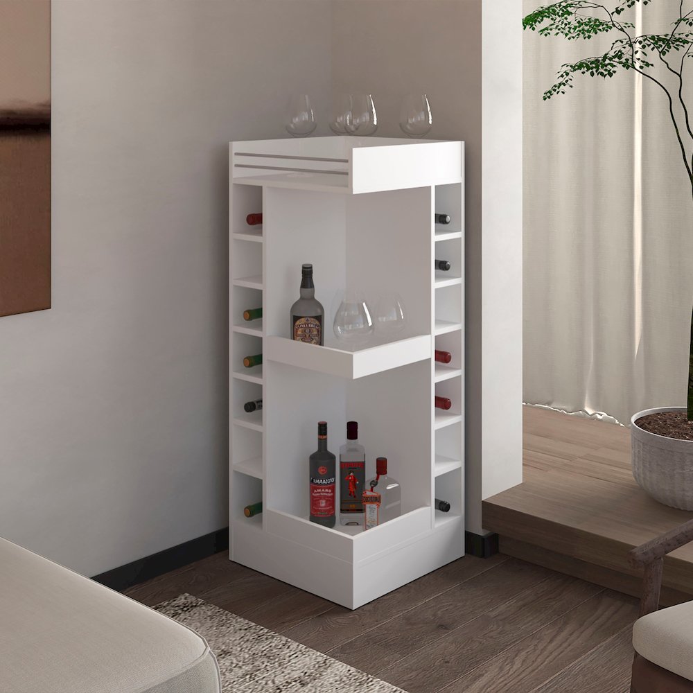 Lamer Corner Bar Cabinet with Wine Rack and Open Shelf, White. Picture 3