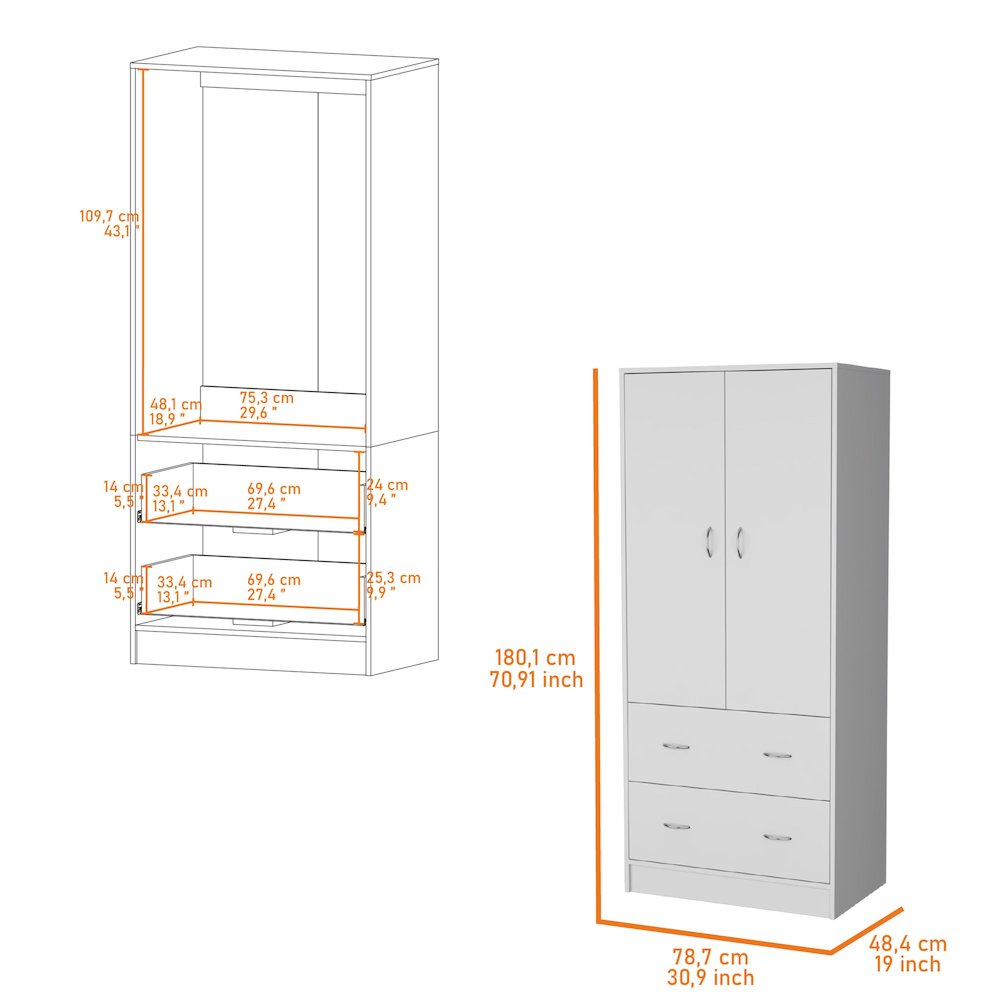 Wenden Wardobre with 2 drawers, 2 doors, ample storage and hanging rod,white. Picture 2