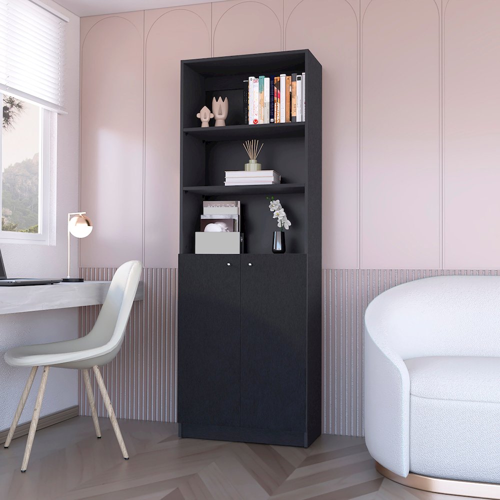 Sutton 2-Door Bookcase, Storage with Multi-Level Shelves, Wenge. Picture 4