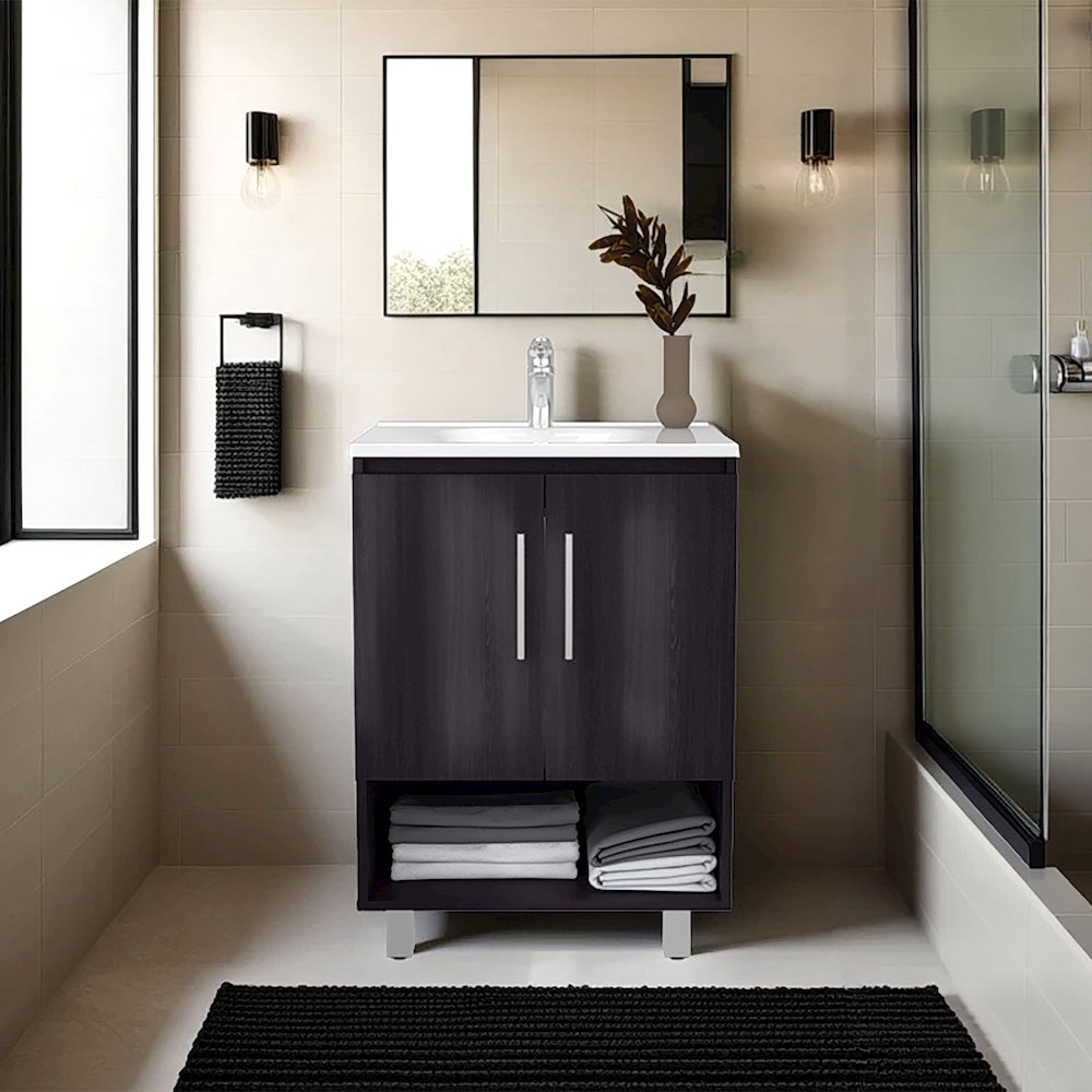 Freestanding Bathroom Vanity Cabinet with Double Doors, Open Shelf, Wenge. Picture 8