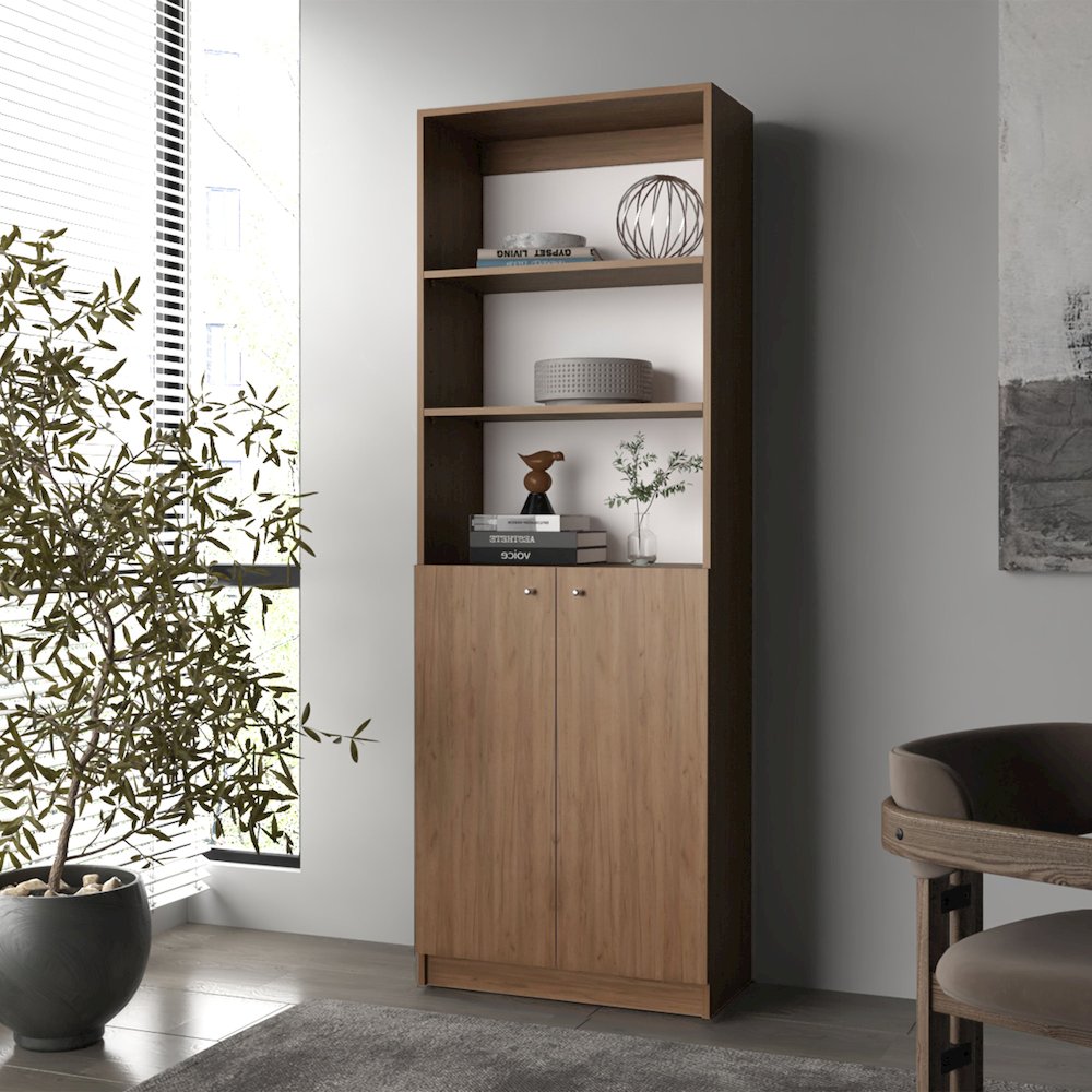 Beyerville Bookcase with Open Storage and 2 Doors, Natural Oak and White. Picture 4