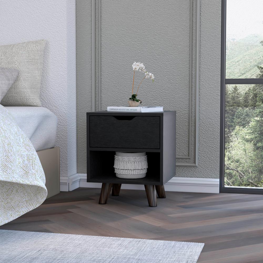 Carthage Nightstand with 1-Drawer, 1-Open Storage Shelf and Wooden Legs. Picture 4