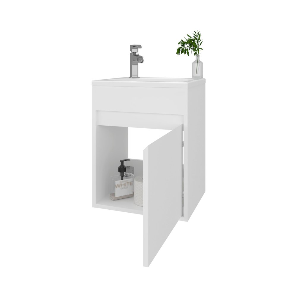 White Bathroom Floating Vanity with Sink, 1 Door, White. Picture 8