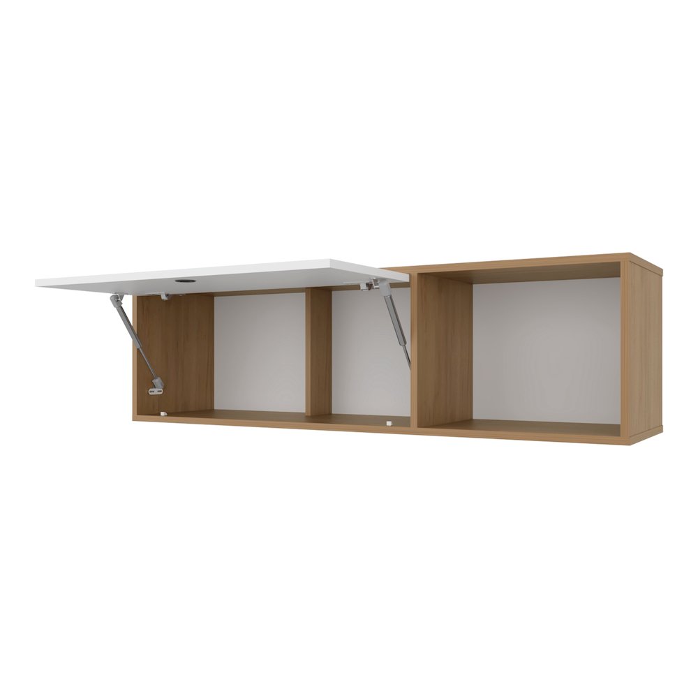 Wall-Mounted Cabinet with Lift-Up Door, Open Compartments, Natural Oak and White. Picture 6