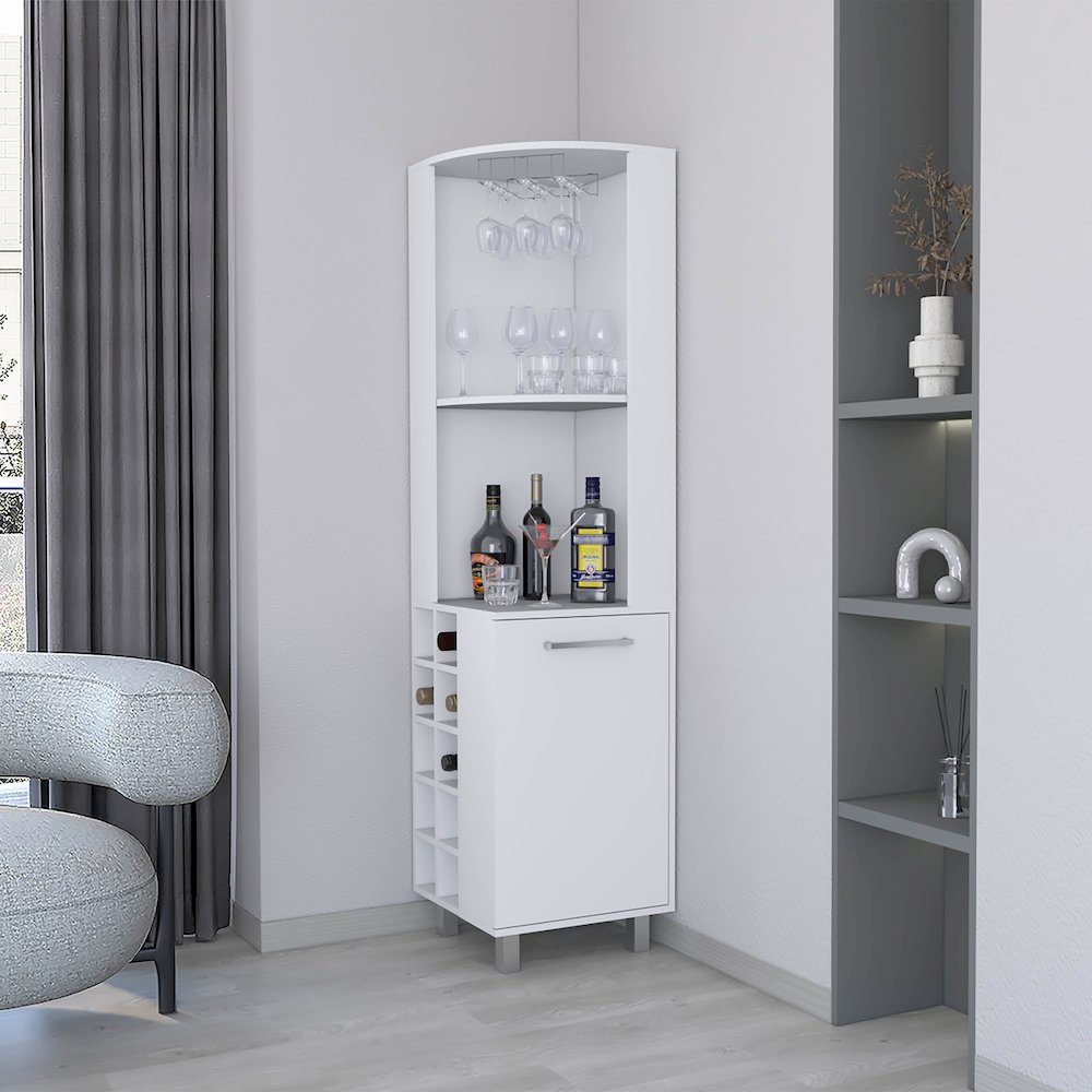 Leah Corner Bar cabinet with ample storage and wine rack, White. Picture 4