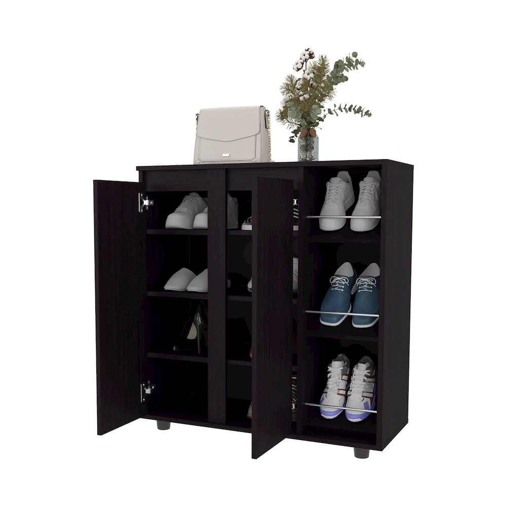 Shoe Storage Cabinet, 2 Doors, 8  Enclosed Shelves, 3 Open Side Shelves, Wenge. Picture 6