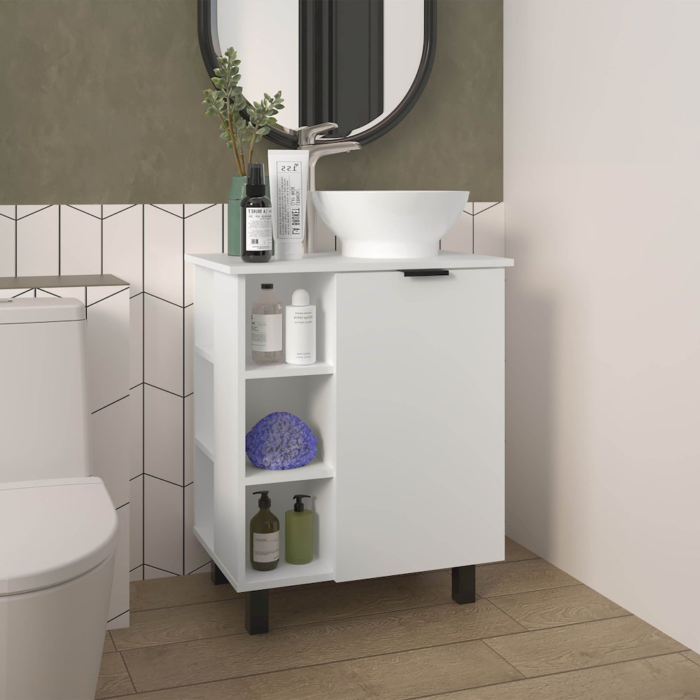 Pinal Bathroom Vanity, Single Door, 8 Storage Shelves (6 Open + 2 Closed) White. Picture 4