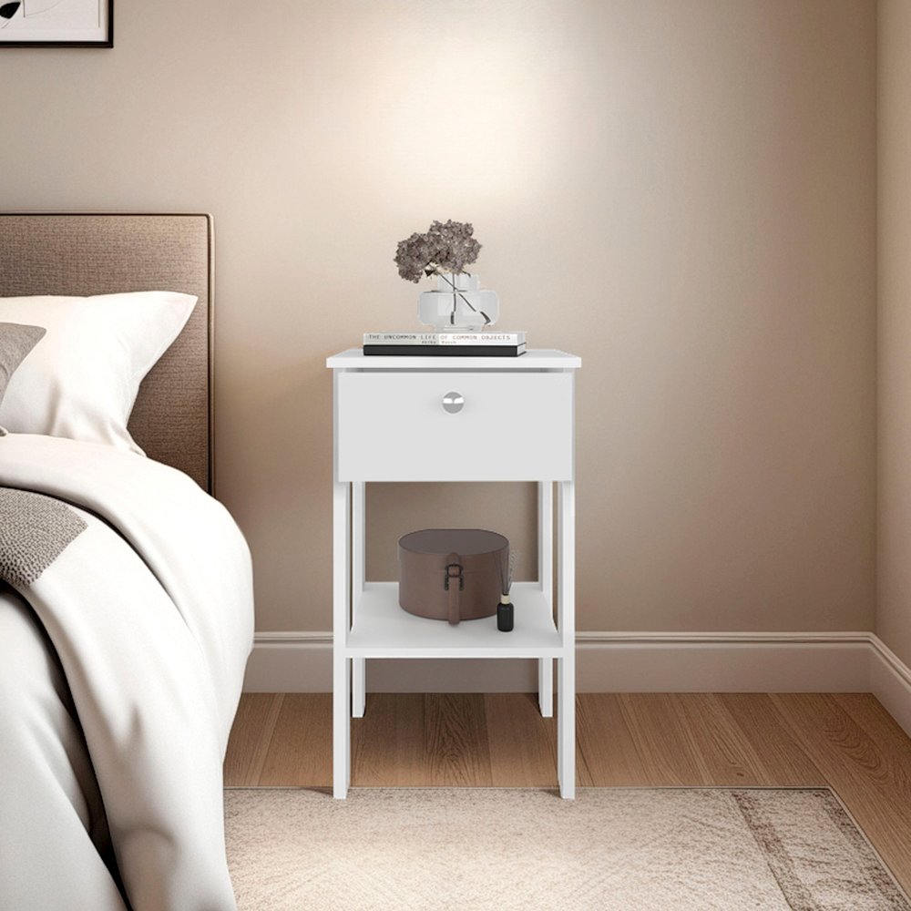 Shongopovi One Drawer Nightstand with Open Shelf, Compact Design, White. Picture 7