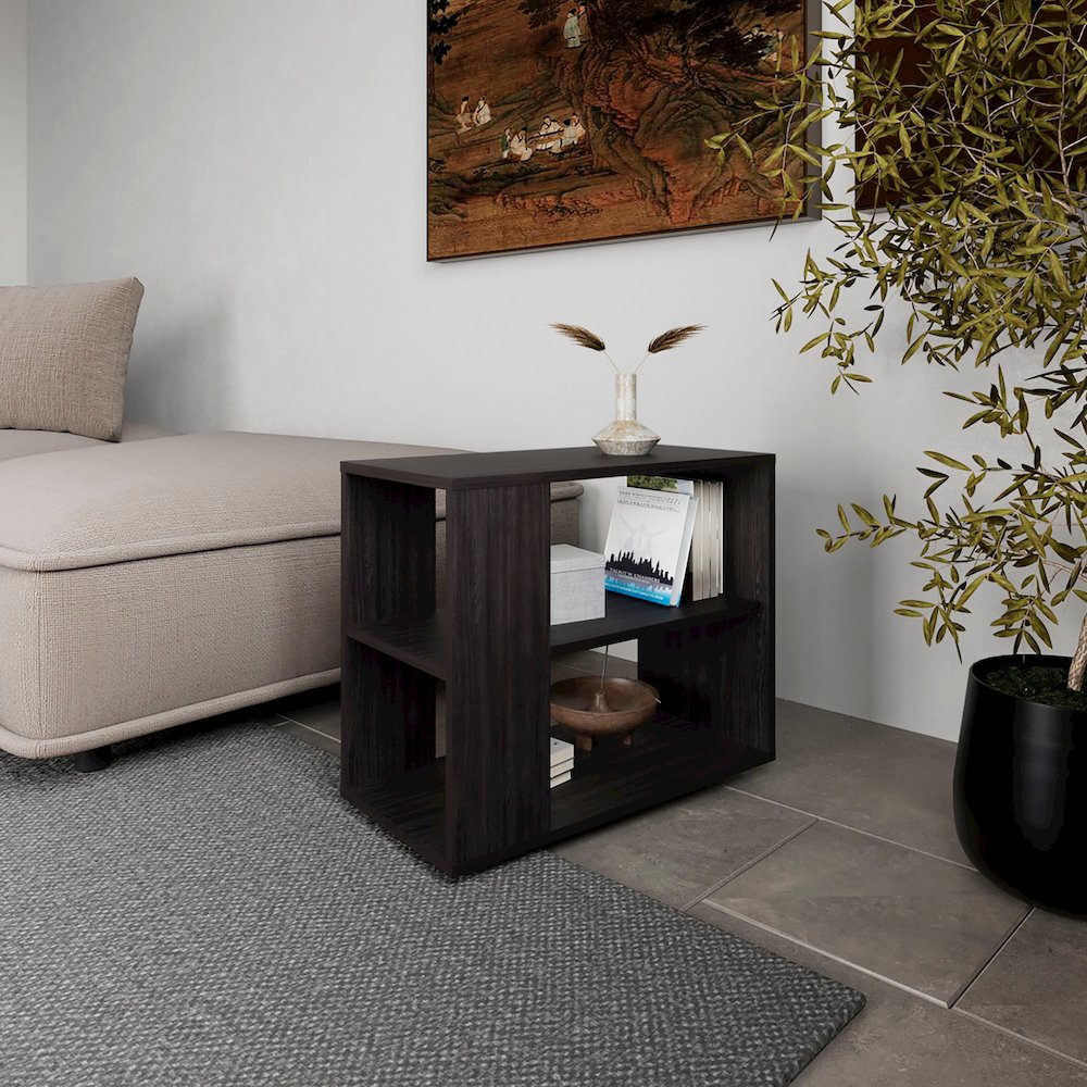 Rio Verde Side Table in Melamine with Open Storage, Wengue. Picture 3