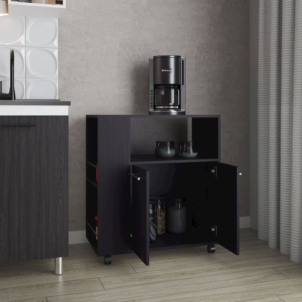 Kitchen Cart with Microwave Shelf, Open Storage, and Two-Door Cabinet, Wengue. Picture 3