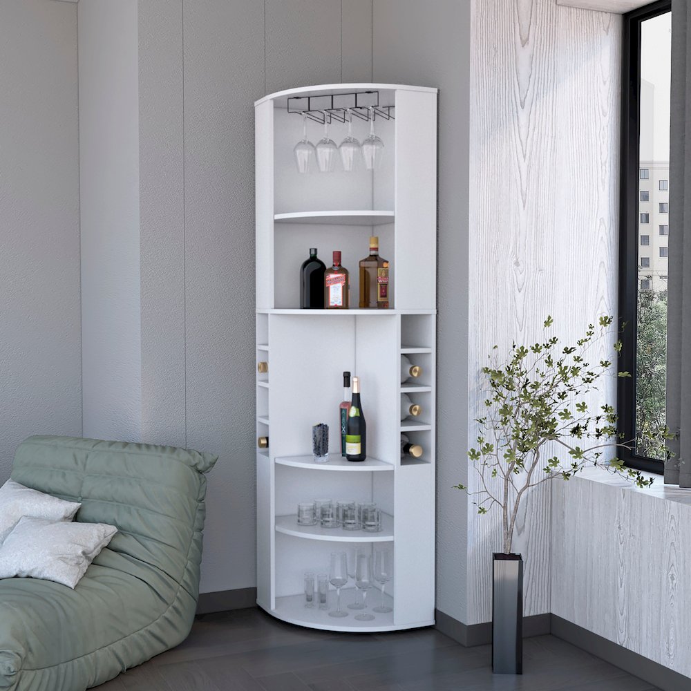 Clifton Corner Bar Cabinet, with 5 shelves,Cup Hanger, White. Picture 4
