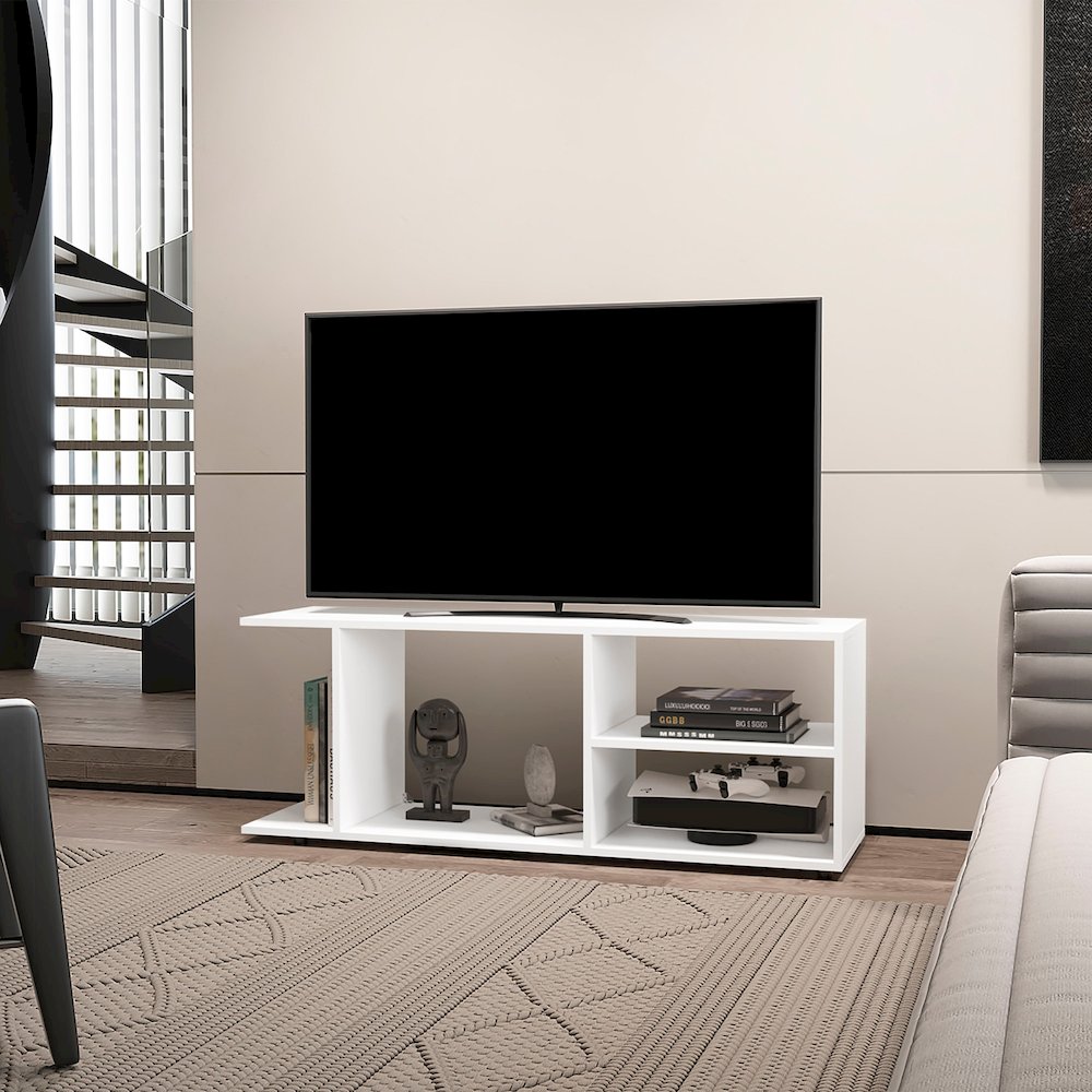 Tubac TV Rack in Melamine With Open Storage, White. Picture 7