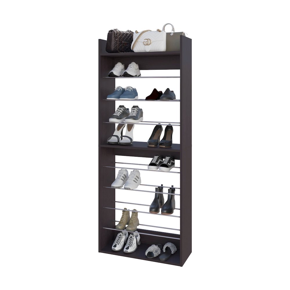 Oak Springs Tall Open Shoe Rack with Metal Rails and Multi-Tier Shelves, Wengue. Picture 4