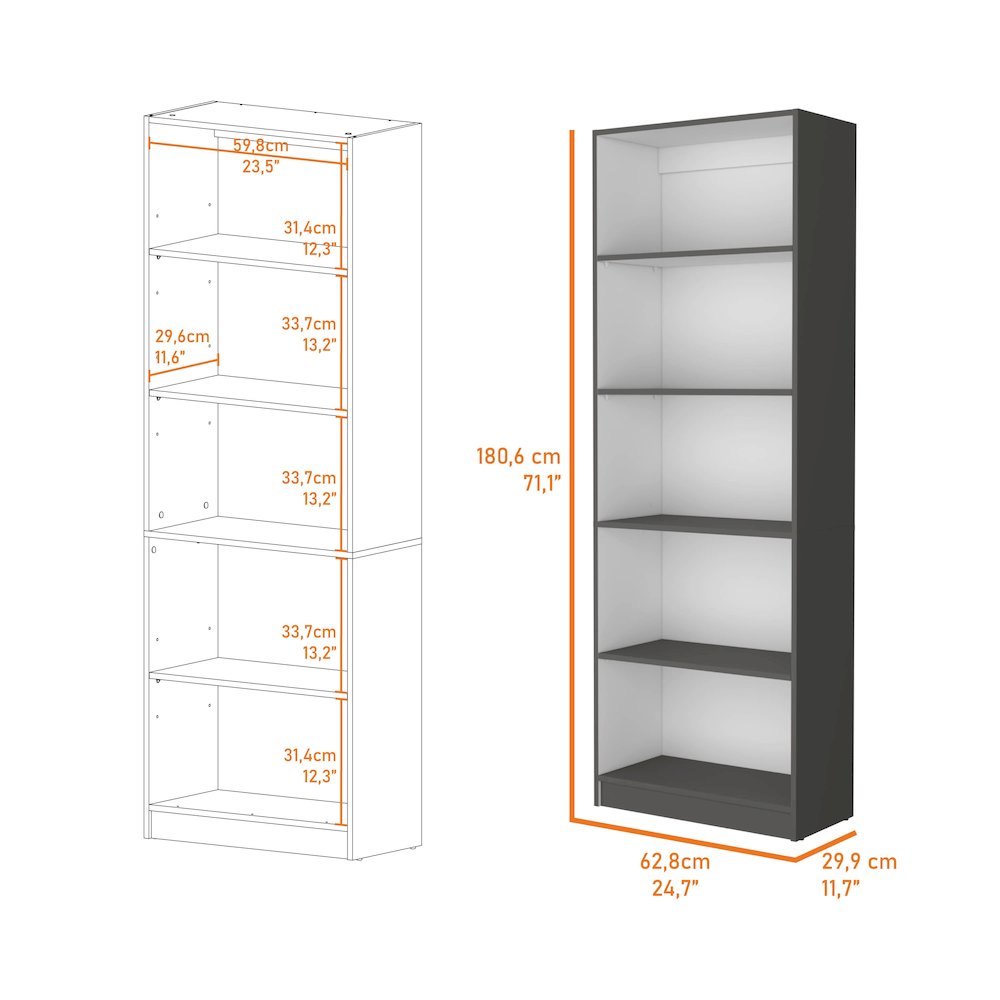 Sutton 4 Shelves Bookcase with Modern Storage Shelves, Matt Gray / White. Picture 2