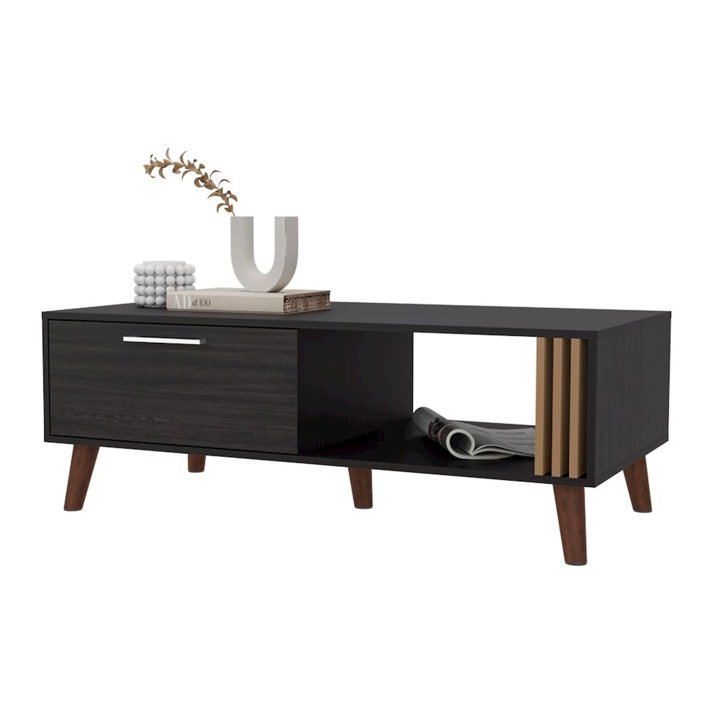 Govan Coffee Table with a Door, Conical Legs, and Open Storage, Wengue. Picture 8