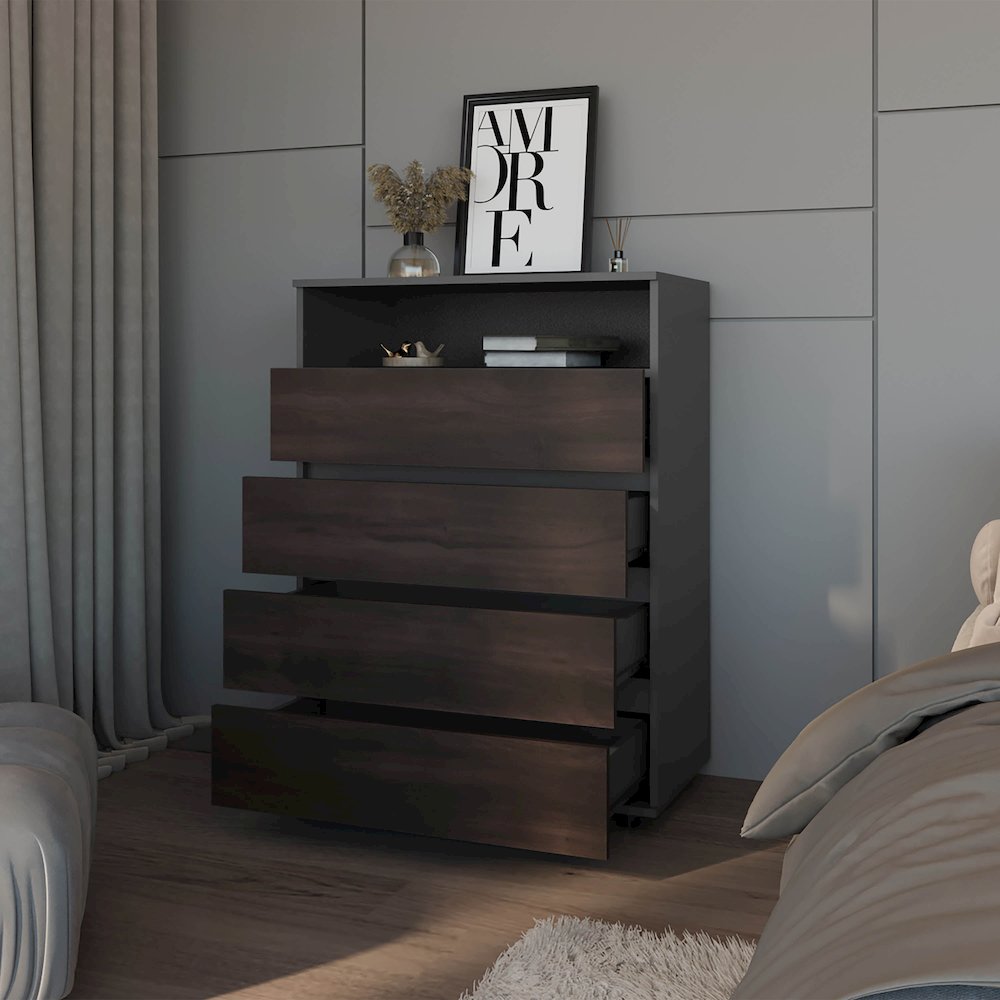 Tokio 4 Drawer Dresser with Open Shelf, Stained Walnut. Picture 8