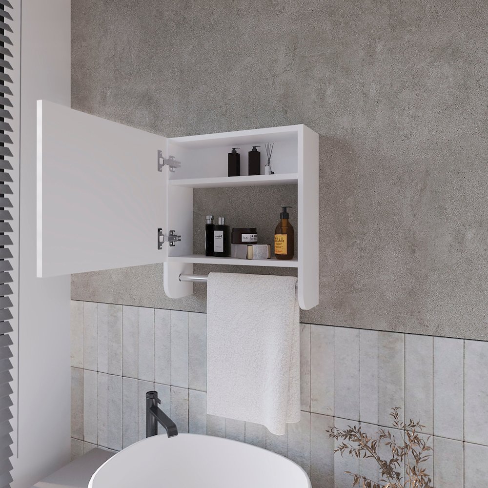 Pine Medicine Cabinet in Melamine With a Towel Bar And Included Mirror, White. Picture 3