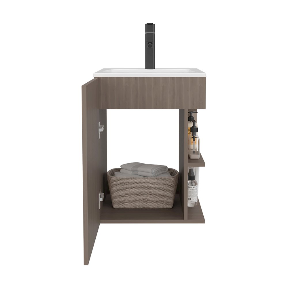 Compact Vanity Cabinet, Single Door, Two Open Side Shelves, White Oak. Picture 3