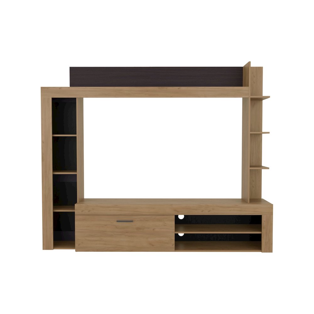 Entertainment Center, TV Stand 70" with Shelves and Cabinets, Natural Oak. Picture 4