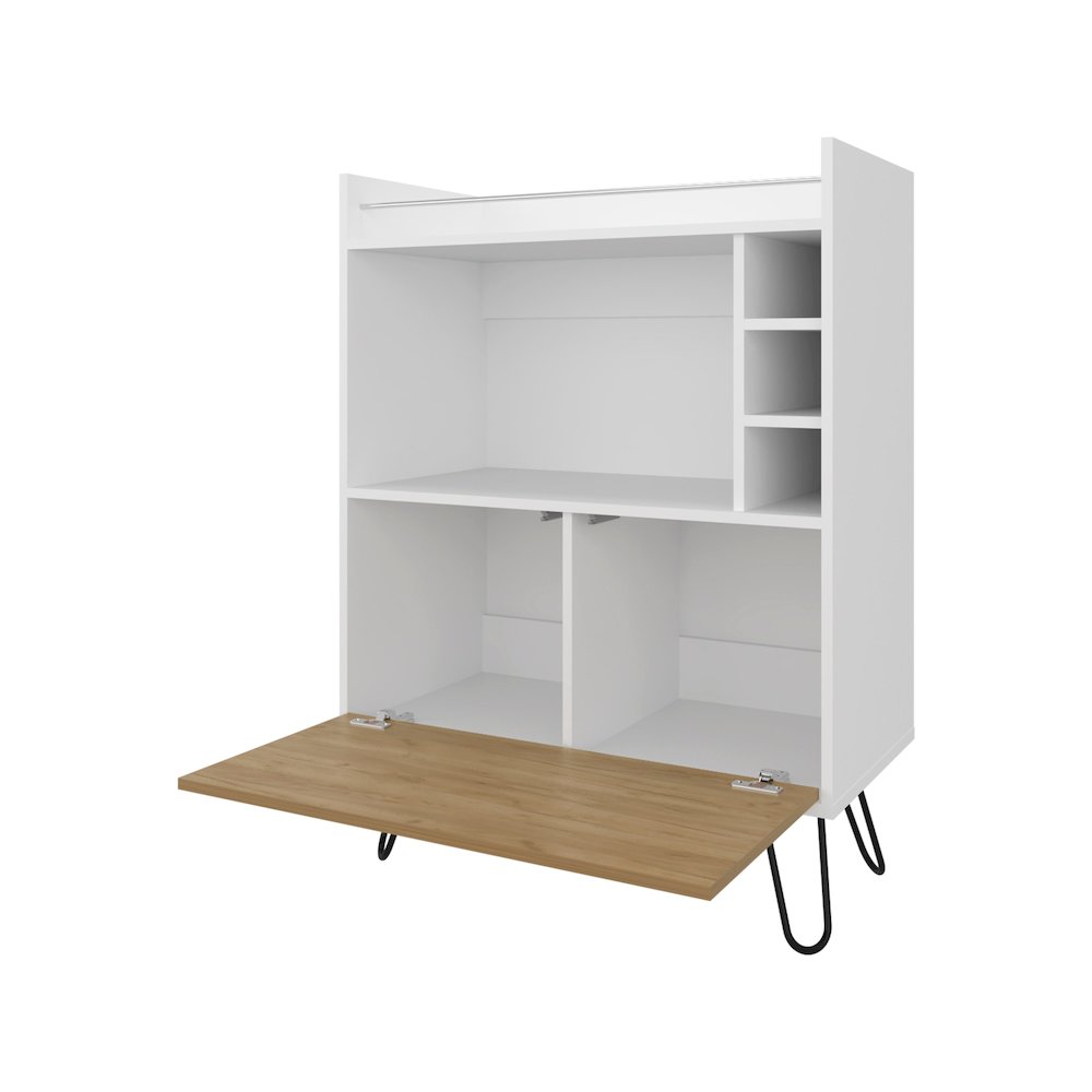 Otho Bar Cabinet with Drop-Down Door, Wine Storage, Open Shelves, Hairpin Legs. Picture 6