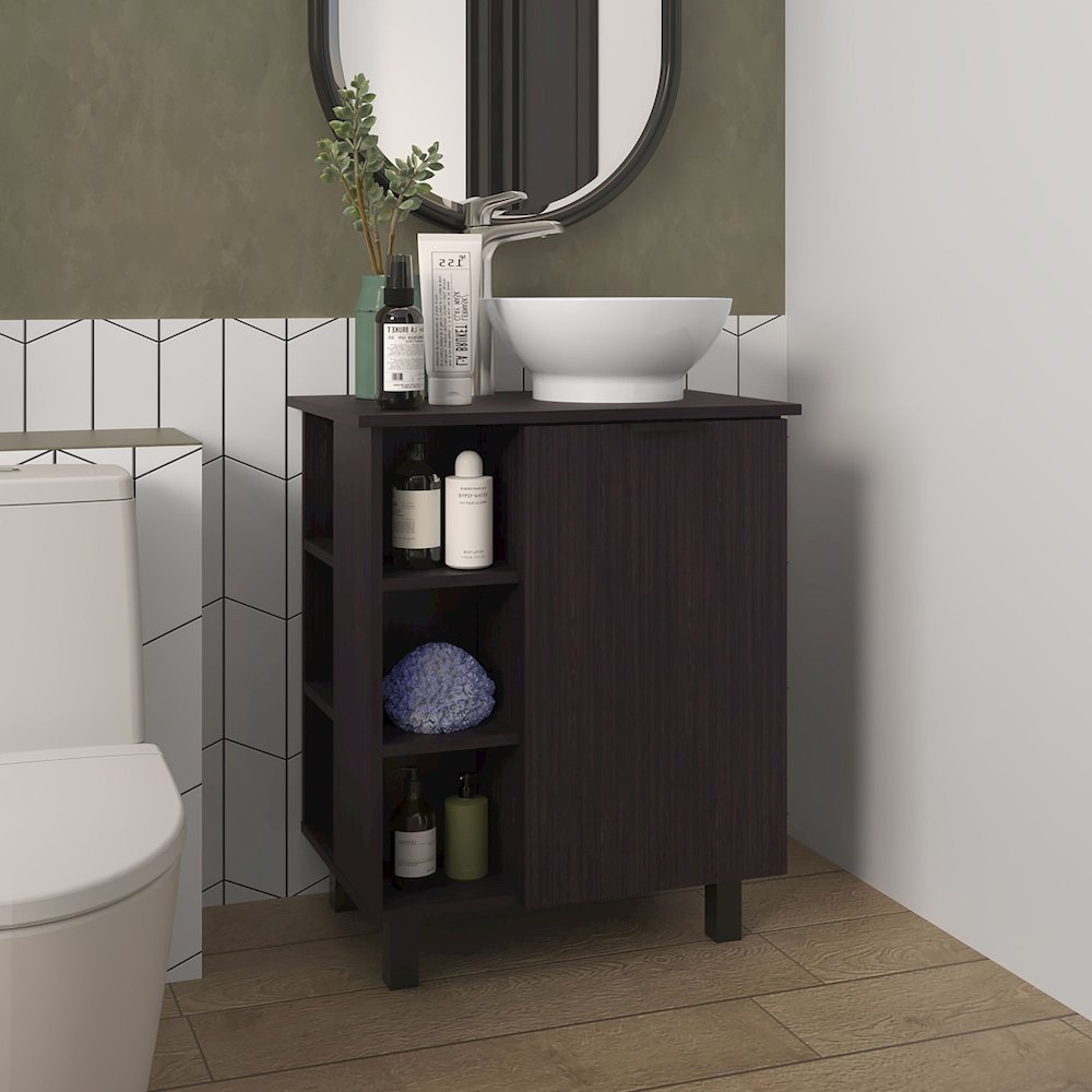 Pinal Bathroom Vanity, Single Door, 8 Storage Shelves (6 Open + 2 Closed) Wengue. Picture 4