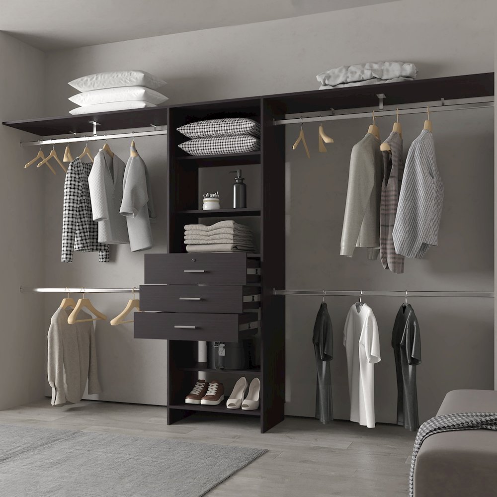 Modular Closet Organizer System with Hanging Rods, Shelves, and Drawers , Wengue. Picture 3