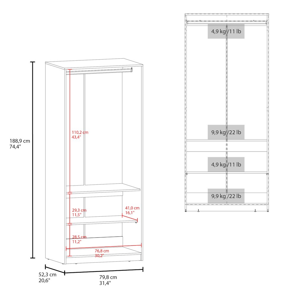 Wardrobe Berlin, Two Doors, Hanging Rod, Two Shelves, Shoe Rack, Bedroom, Wengue. Picture 7