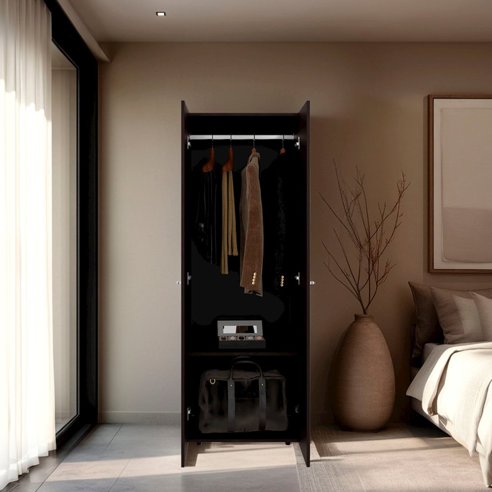 Basin  2-Door Tall Wardrobe Cabinet 66.9"H,  Bedroom, Stained Walnut. Picture 7