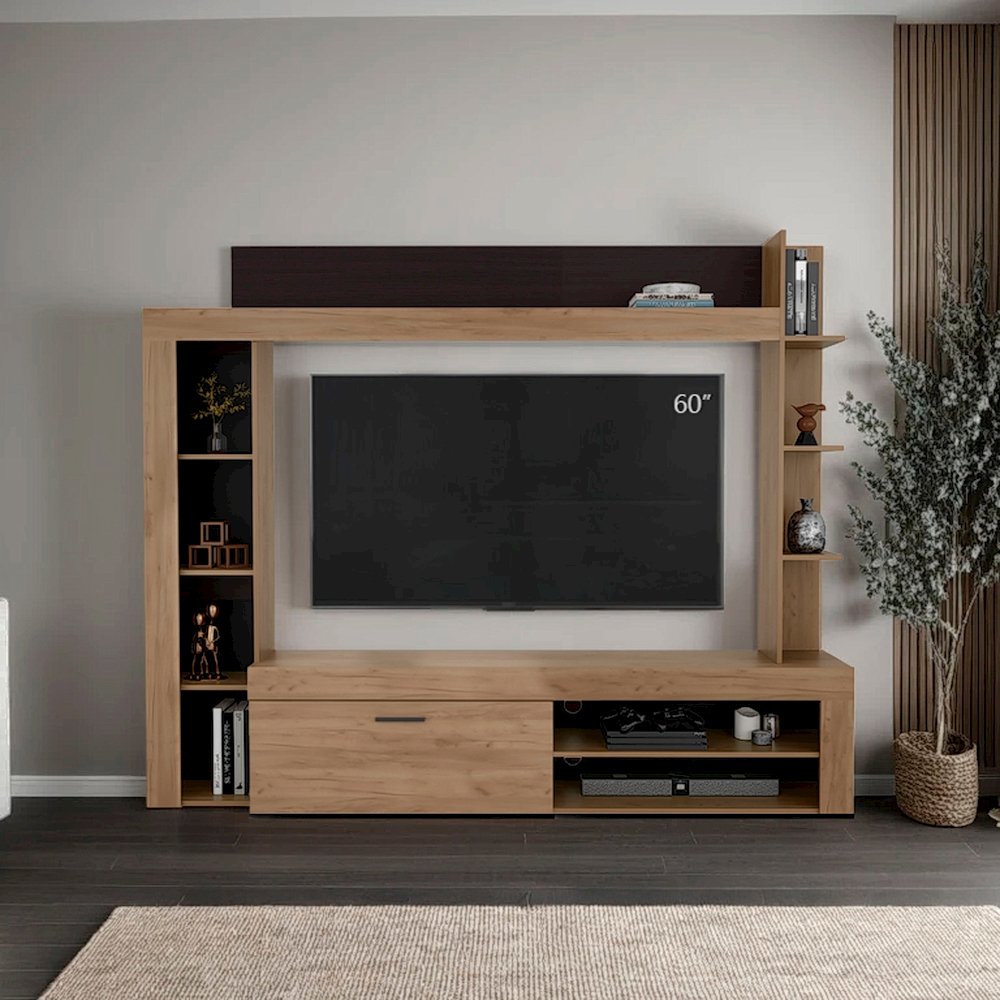 Entertainment Center, TV Stand 70" with Shelves and Cabinets, Natural Oak. Picture 5
