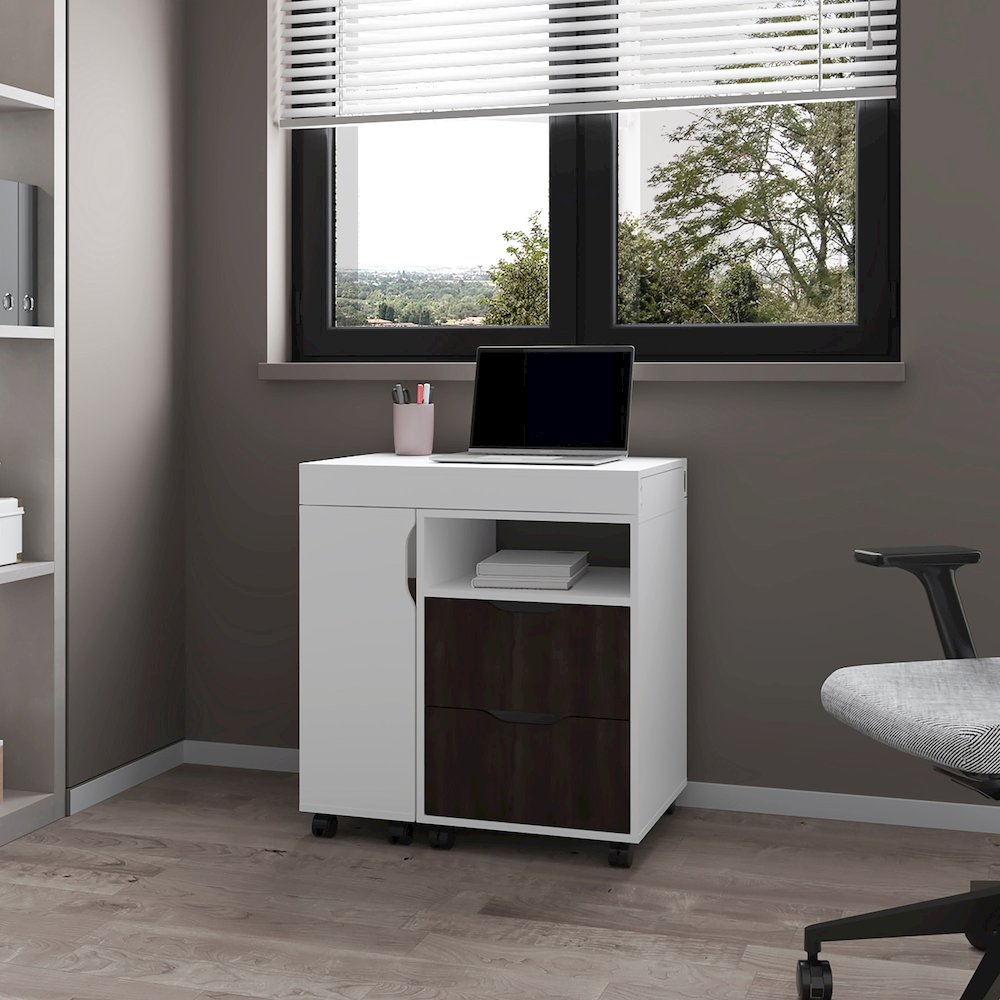 Loris Extendable Desk with Two Drawers, Open Shelves, and Sliding Mechanism. Picture 2