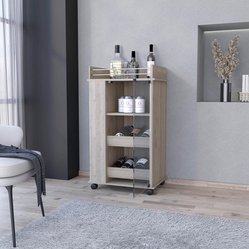 Lusk Bar Cart with 2-Bottle Holder Shelf, Glass Door and Casters. Picture 3
