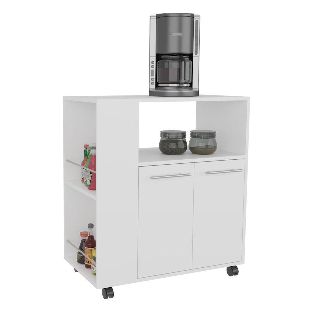 Kitchen Cart with Microwave Shelf, Open Storage, and Two-Door Cabinet, White. Picture 8