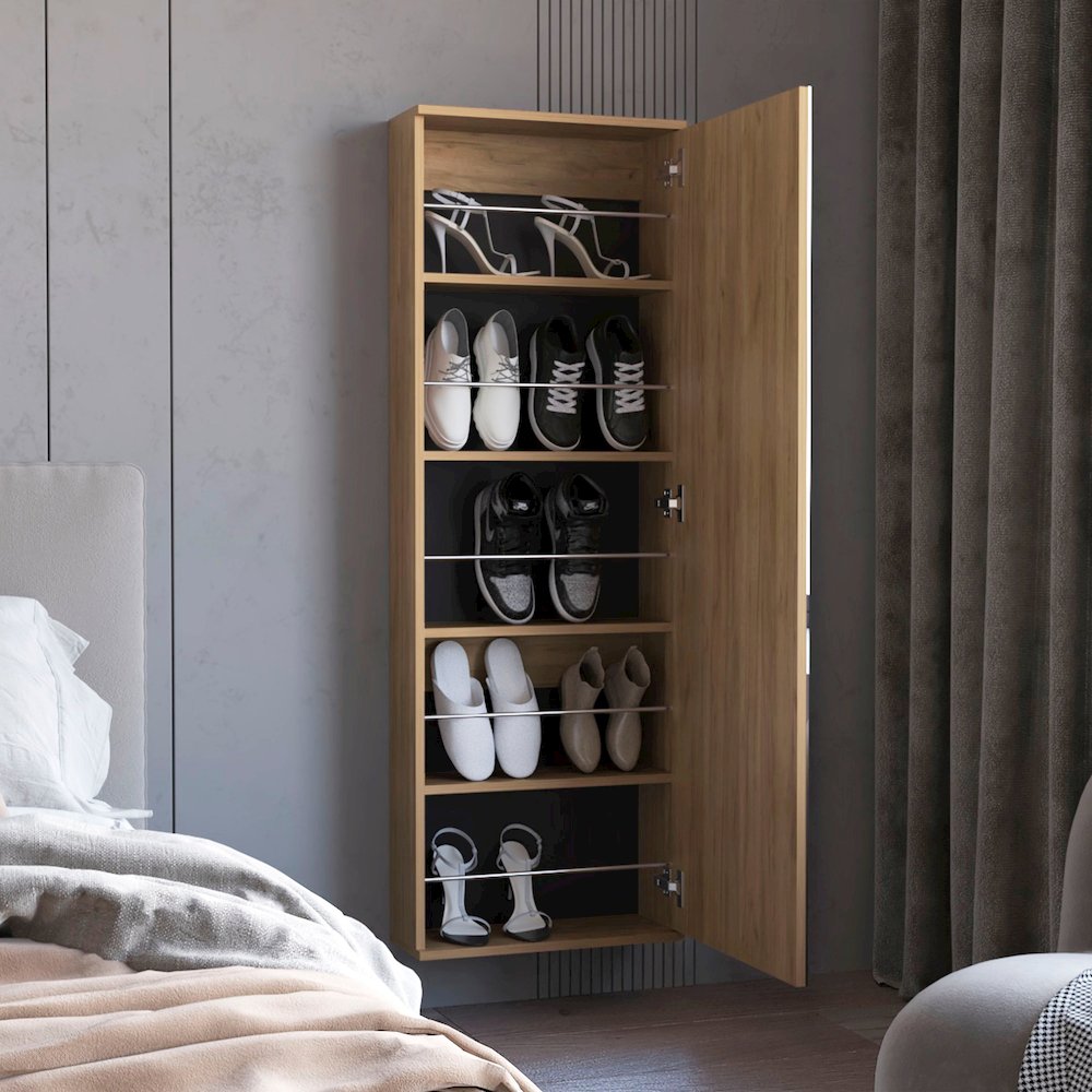 Queen Creek Shoe Rack with Mirror and One Door, Natural Oak. Picture 3
