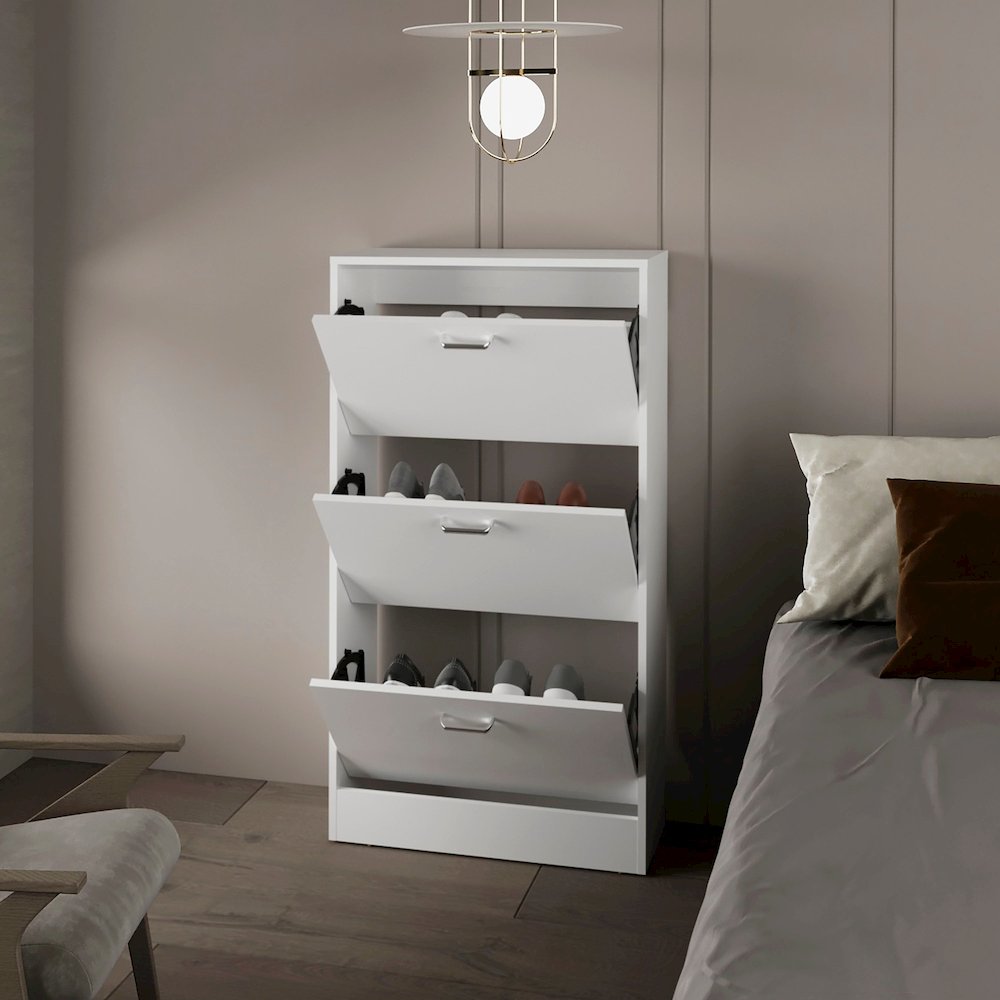 PIECES Shoe Rack, 3 Flip-Down Compartments, Slim Vertical Design,Organizer,White. Picture 3