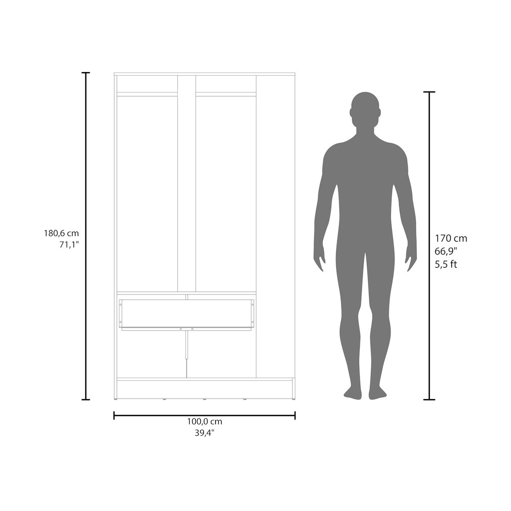 Sehili Wardrobe, 3 Doors, 1 Drawer, Side Shelves, Hanging Rods, Wenge. Picture 7