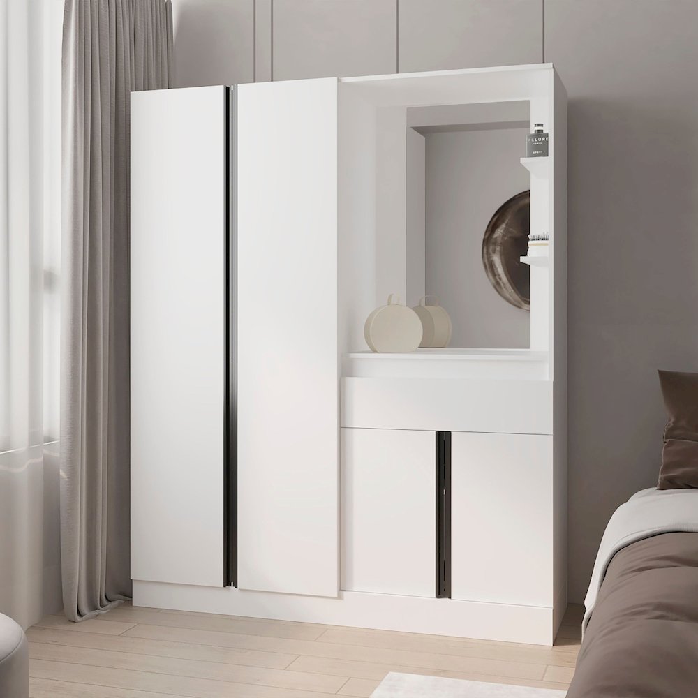 CaneMulti-Functional Wardrobe with Vanity Mirror and Storage, White. Picture 6