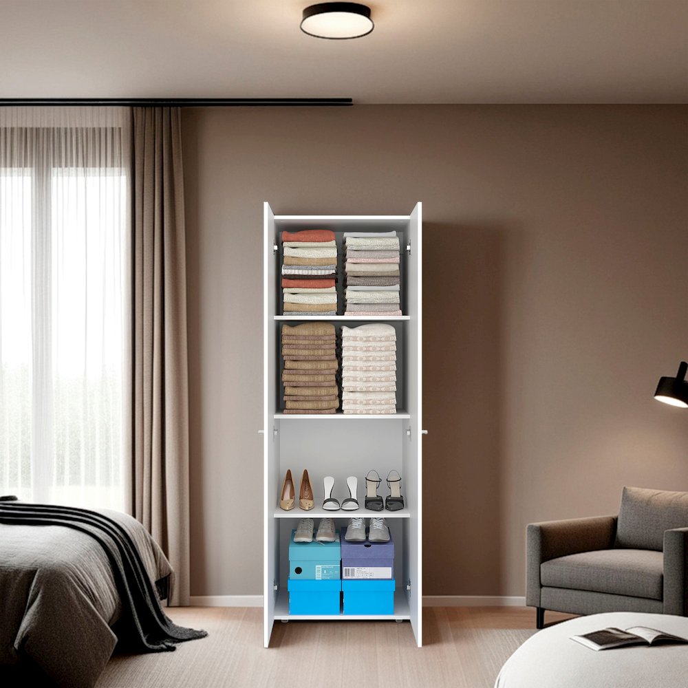 2-Door Wardrobe Cabinet, 4 Shelves, Vertical Storage, 66.9"H – Bedroom, White. Picture 7