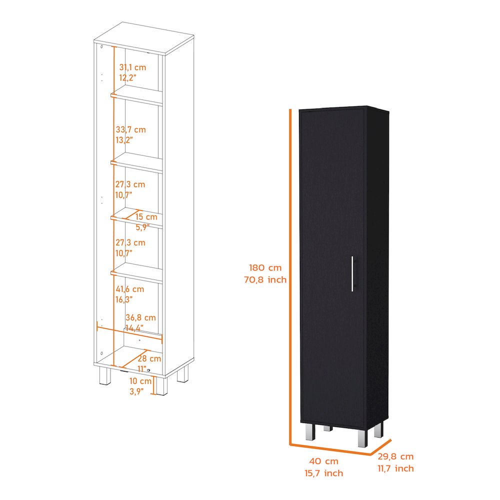 Lawen Tall Storage Cabinet in melamine, Single Door, 3 Broom Hangers. Picture 2