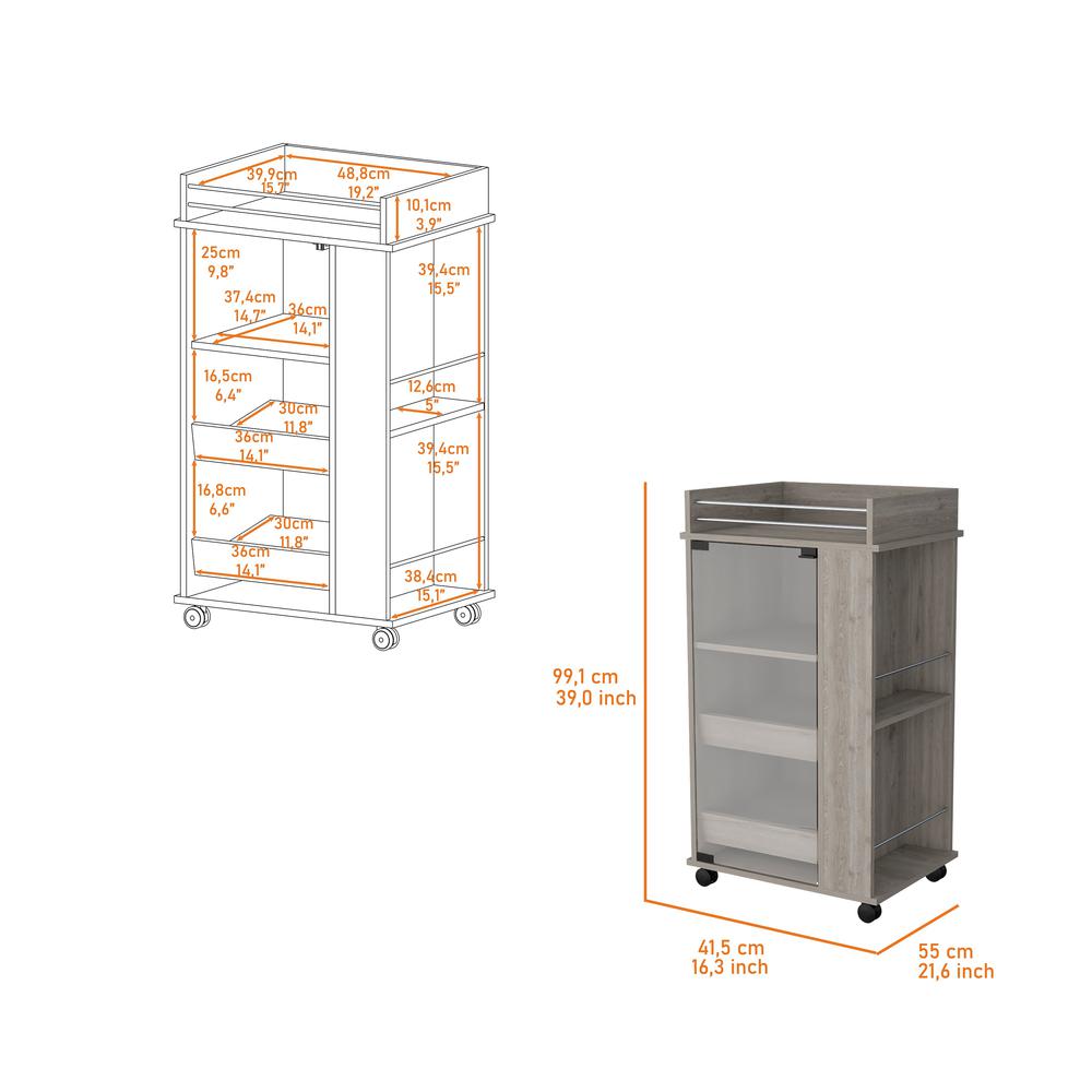 Lusk Bar Cart with 2-Bottle Holder Shelf, Glass Door and Casters. Picture 2