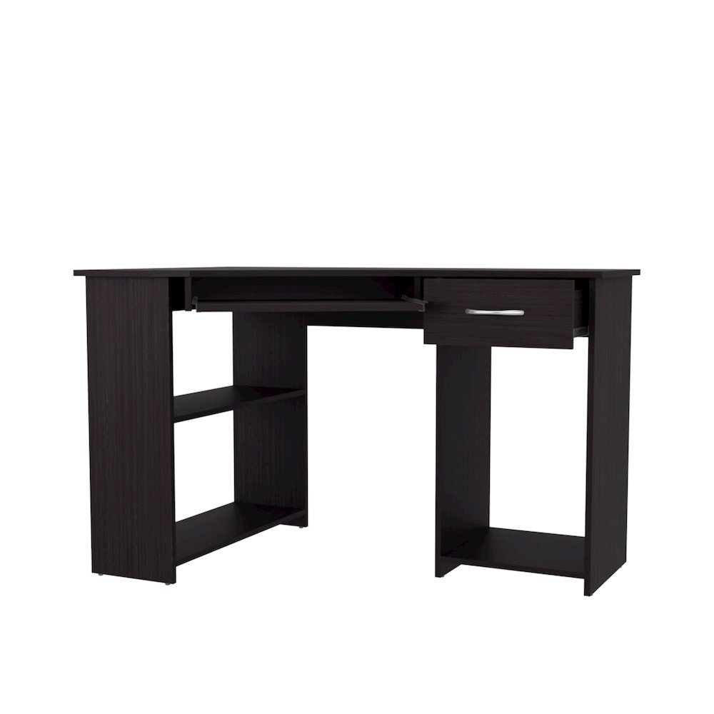Corner Computer Desk, L-Shaped Home Office Desk with Drawer, Shelves. Picture 1